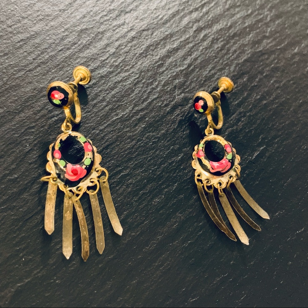 Vintage Hand Painted Screw Back Earrings With Shimmer Accents